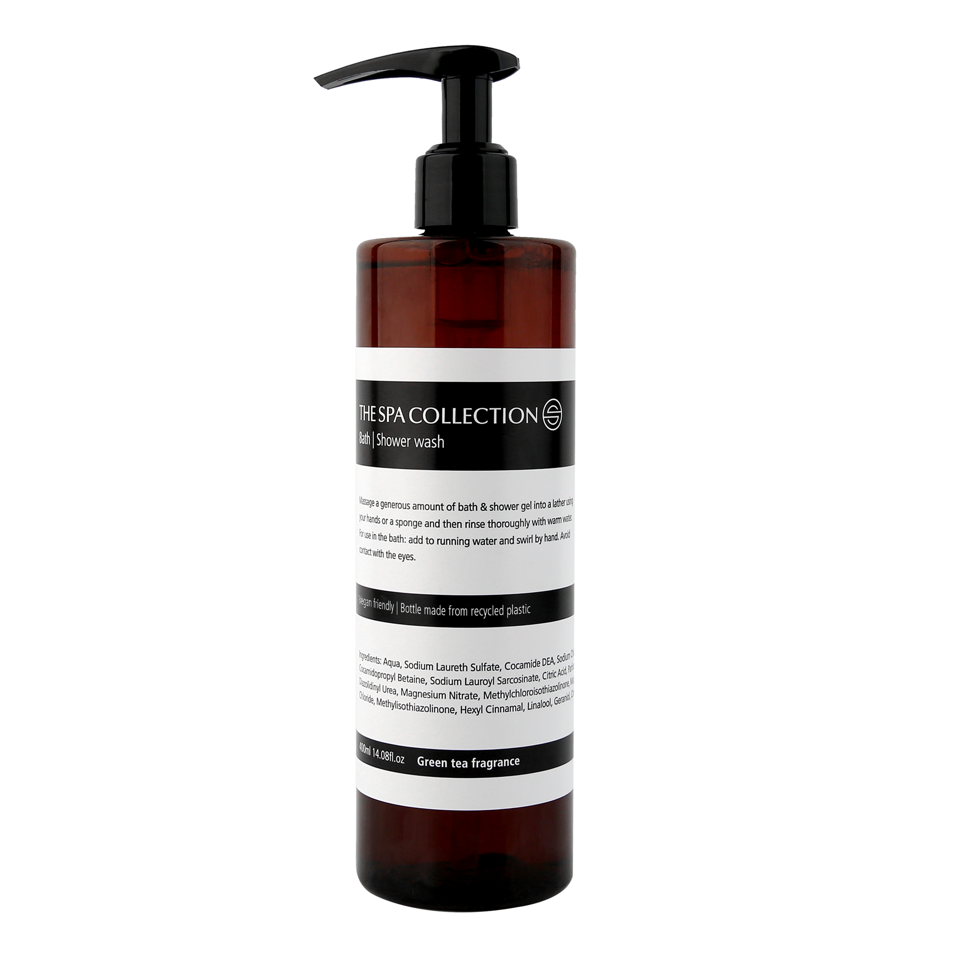Vegan friendly luxurious body wash with green tee fragrance by The Spa Collection, in pharmacy-style modern 400 ml bottle